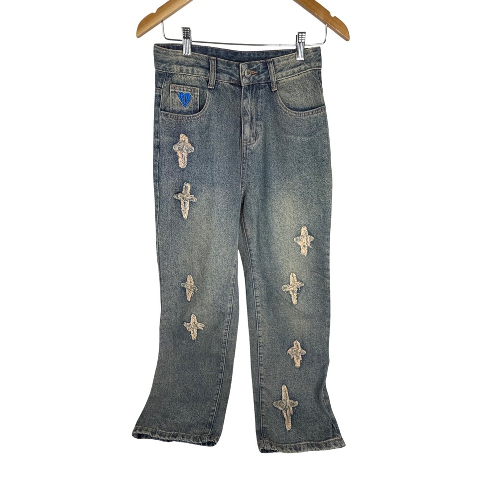 Aelfric Eden Mens Distressed Cross Patch Denim Jeans Blue Streetwear Size 26